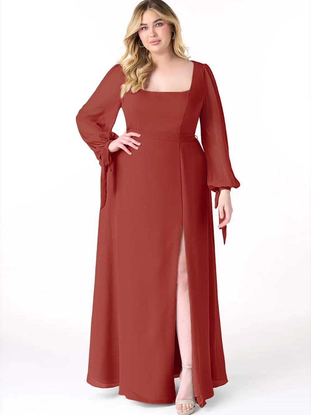 Azazie Leonia - Terracotta A-Line Long Sleeve Chiffon Dress - Size 24